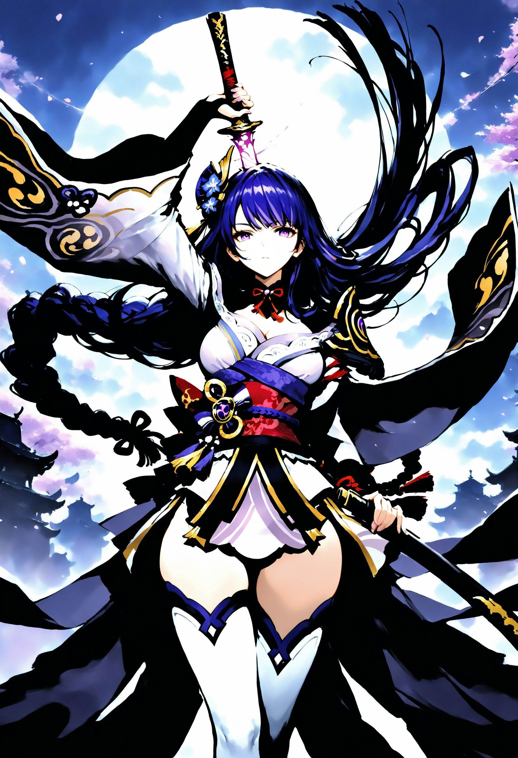 masterpiece,best quality,amazing quality,very aesthetic,sharp focus,high-end texture,(very awa,masterpiece,best quality,year 2024,newest,highres,absurdres),extremely aesthetic,dreamy atmosphere,dramatic lighting,1girl,(solo:1.1),raiden shogun_(genshin_impact),alternate costume,looking at viewer,(very long hair,hair ornament,jewelry,chinese clothes,hanfu,dress),white thighhighs,,inkpaint,dynamic pose,(holding,weapon,holding weapon,arm up,holding sword,sheath,sword,scabbard,unsheathing,holding sheath,drawing sword),<lora:inkpaint:1>