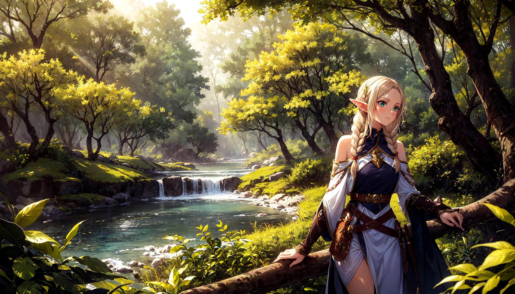 An elven archer stands with elegant precision from side amidst a sun-dappled forest clearing. Her emerald eyes focus inten...