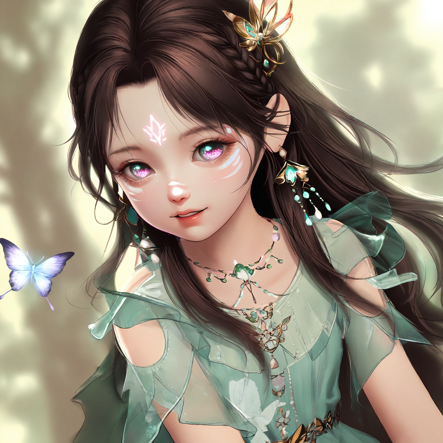 masterpiece,very aware,highres,absurdres,newest,best quality,loli,petite,high quality,chromatic_aberration,cinematic_angle,dutch angle,//,loli,1girl,forehead_mark,facial_mark,bug,butterfly,brown_hair,upper_body,solo,green_dress,long_hair,dress,hair_ornament,jewelry,teeth,smile,light_rays,earrings,from_side,looking_at_viewer,necklace,shoulder_cutout,braid,parted_lips,glowing_butterfly,light,clothing_cutout,//,official art,depth of field,detailed light,blurry background,best shadow,shiny skin,cinematic lighting,ray tracing,amazing quality,very aesthetic,absurdres,beast quality,ultra detailed,newest,8K,HDR,//,<lora:touxiang22——【noob】hans:1>,