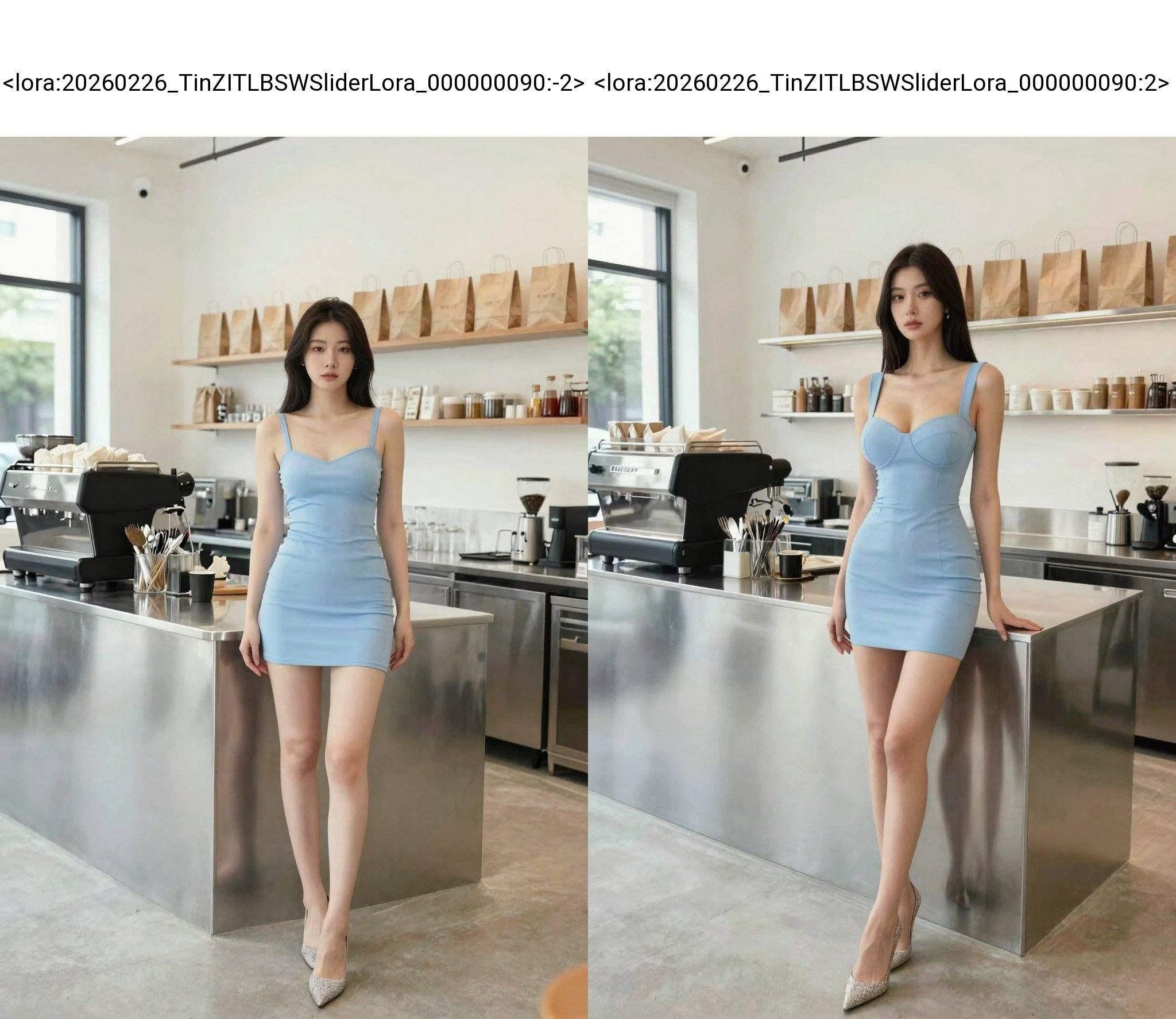 <lora:20260226_TinZITLBSWSliderLora_000000090:-2>, In this modern, minimalist café, a slender, fair-skinned woman with straight, dark hair stands confidently at a sleek, stainless steel counter. She's dressed in a chic light blue short dress that accentuates her petite frame and large breasts. Her legs are long and toned, and she wears elegant, pointed-toe heels with a subtle sparkle. The café’s decor is clean and contemporary, featuring white walls and large windows that let in natural light. Shelves behind her display neatly arranged brown paper bags and various café supplies. The counter is adorned with a black coffee machine, a glass container filled with utensils, and a small black cup. The overall ambiance is bright and inviting, suggesting a stylish and efficient café setting.