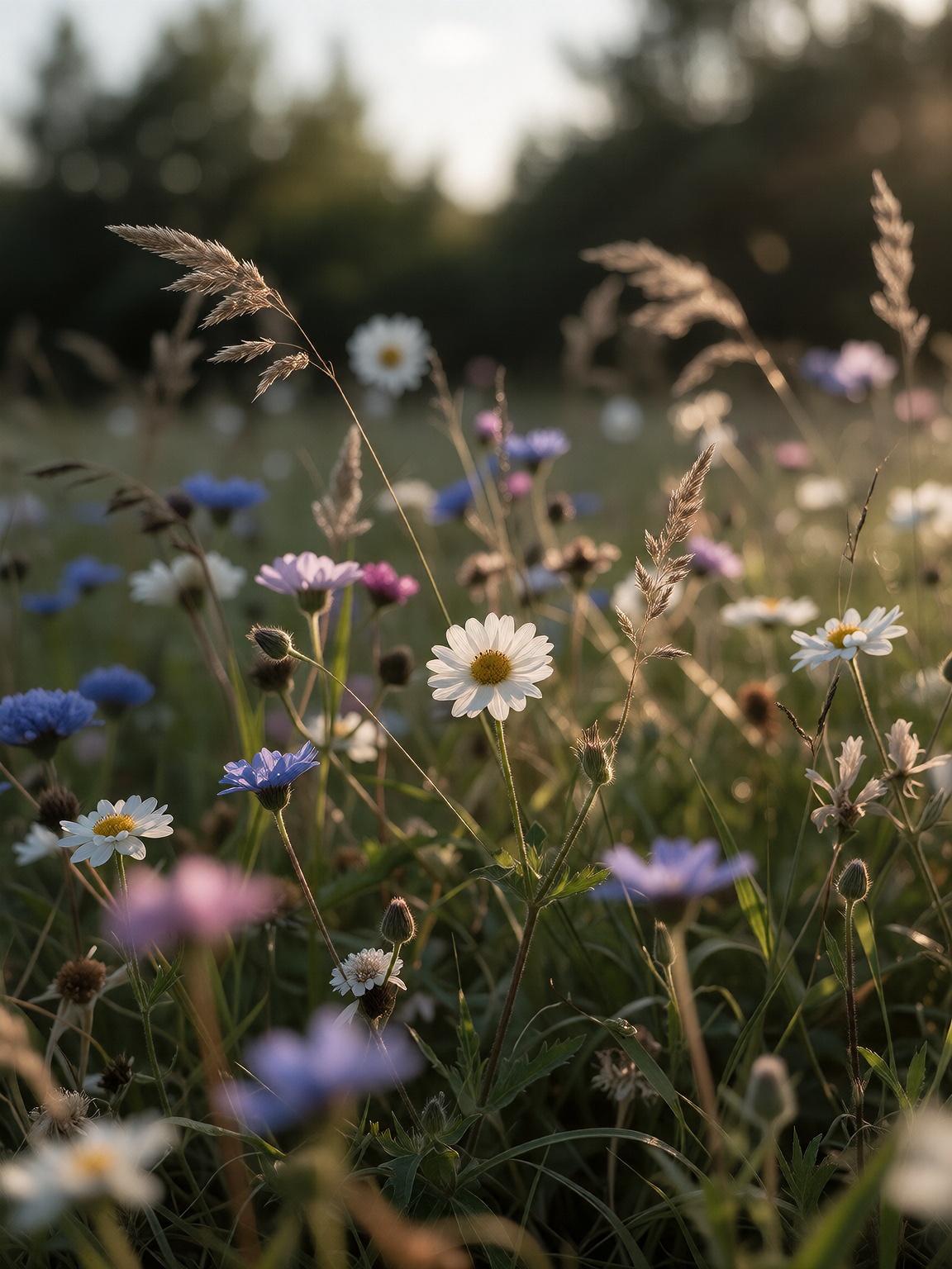 Cinematic meadow scene filled with colorful wildflowers in full bloom,  soft grasses moving in a light breeze,  trees lini...