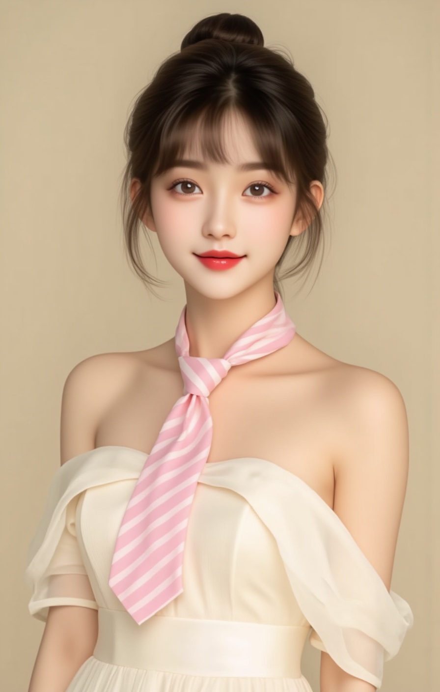 In an Asian photo,a young woman with straight hair and an elegant bun is wearing a jk dress,with soft side lights highlighting her silhouette.A neutral beige background with a front face focus,she has a natural red lipstick. She wore a pink and white striped tie, creating a warm cinematic feel.In her early twenties, her expression was warm and smiling, and her composition was pure and elegant.Facing the camera,Atmosphere sense, <lora:女生(3):1>