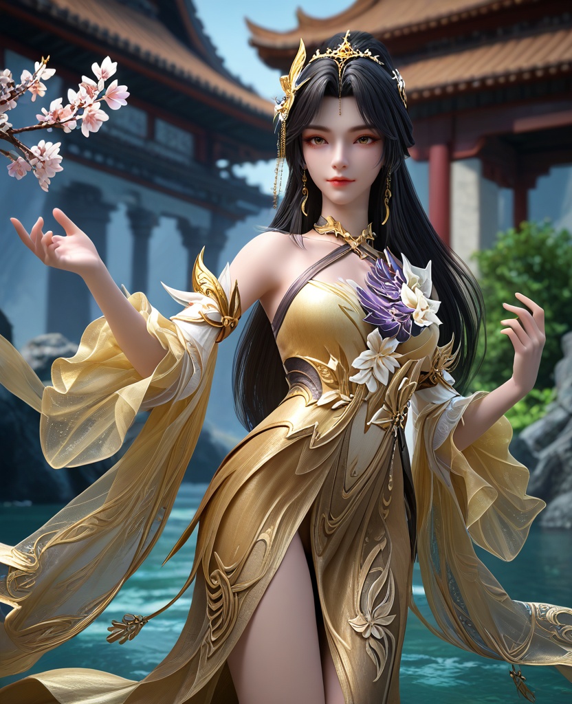 (oriental architecture, elegant decor, sophisticated style:1.1),Gazing over a raised shoulder, a hint of a smile on her lips, she emanates coyness and playful allure,(breasts:1.2),<lora:XL16完美世界王曦:0.95>,miss wangxi,yellow high-slit mermaid gown,brown eyes,mole under right eye,black hair,traditional chinese updo with long cascading hair,hair ornament,jewelry,wide flowing sleeves,, zPDXL2, score_9, score_8_up, score_7_up BREAK realistic, masterpiece,best quality, highly detailed,, zPDXL3, zPDXL2,zPDXL, zPDXLxxx, zPDXLrl,