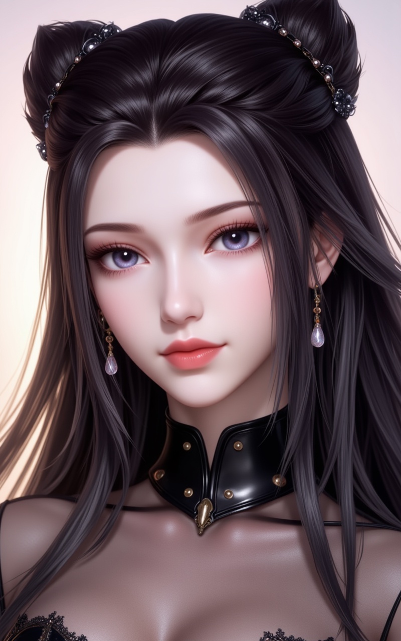 <lora:朱竹清·泛化版8:1.2>,zhuzhuqing,1girl,solo,long hair,hair bun,double bun,black hair,looking at viewer,closed mouth,lips,jewelry,earrings,cover,gradient background,close-up details,outstanding style,adding a touch of dimension to your images without compromising details,close-up,<lora:DJ滤镜_2.5D版:0.3>,lvjing,<lora:油画唯美滤镜15:0.2>,