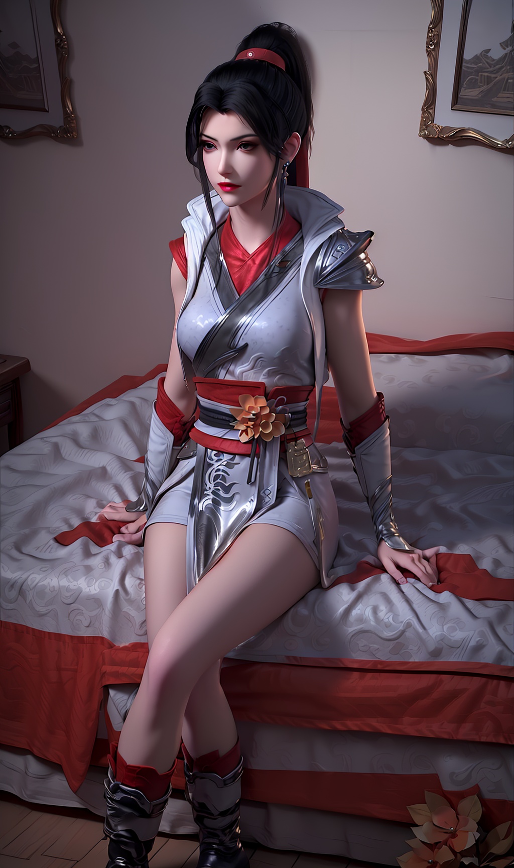 3D,masterpiece,(best quality),(makeup),official art, extremely detailed cg 8k wallpaper,((crystalstexture skin)), (extremely delicate and beautiful),(highly detailed),(face),(ponytail),(collar),(1girl), (solo), (jewelry), (earrings),(black_hair),(long_hair),(hair_ornament),(handwear),(wristband),(breast),((sitting)),((full_body,whole_body)),(dress),(shorts_under_skirt),(chinese_clothes),(multicolored_clothes),(multicolored_dress),,(shiny_clothes),(long_legs),(sash),(armored_dress),(thigh_Ring),(closed_mouth),(room,bed),((looking_at_viewer)),((Facing the camera)),(boots),(Bandaged_boots),, <lora:hipoly3DModelLora_v10:0.3>