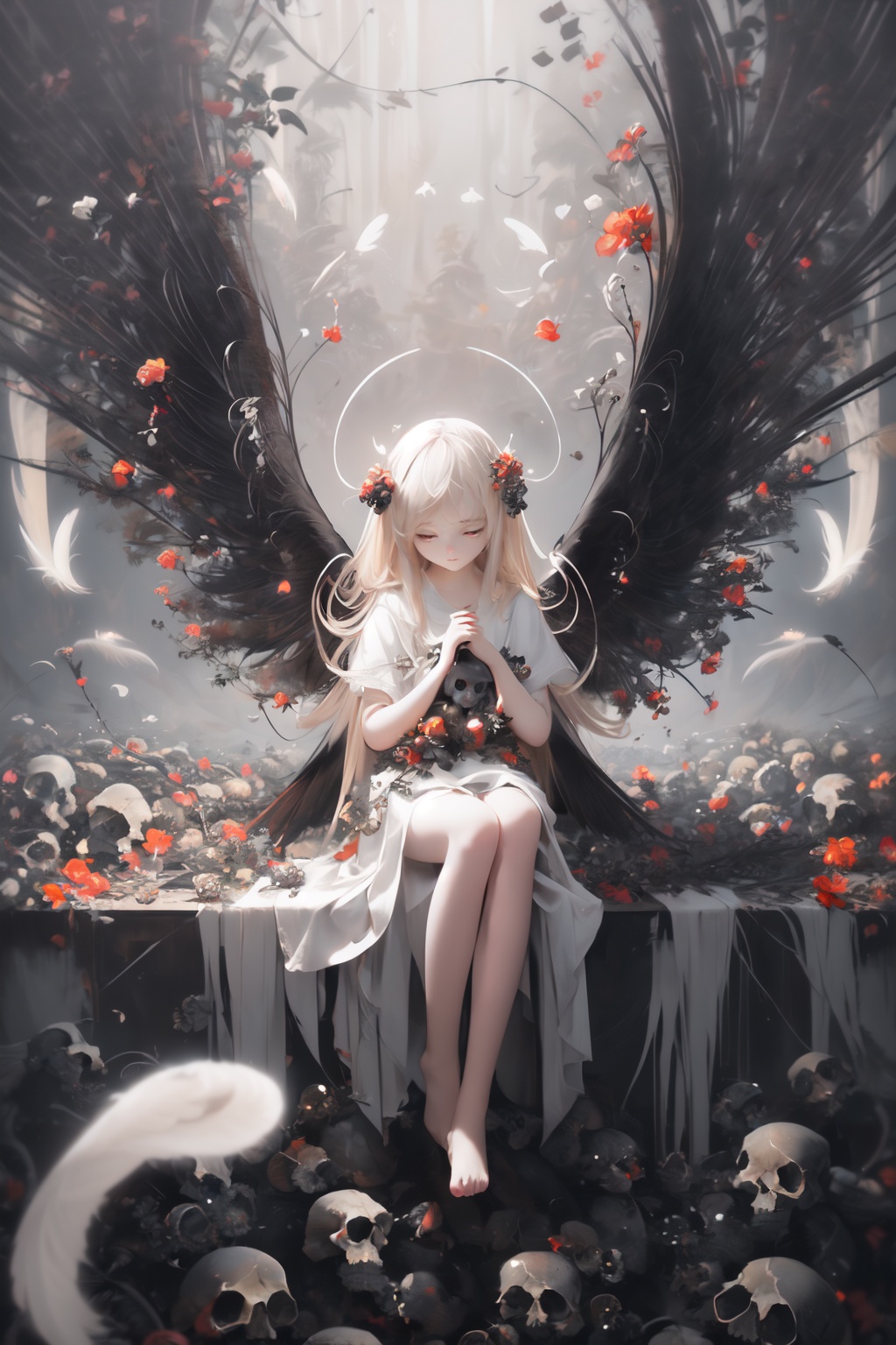 masterpiece,best quality,oil painting \(medium\),1angel,full body,sitting,white babydoll,(black_wings:1.4),closed mouth,red_eyes,barefoot,Compassionate,blonde hair,full body,paradise full of flowers background,snakes,(ground covered with skulls:1.1),god is in his heaven,all is right with the world,dramatic lighting,