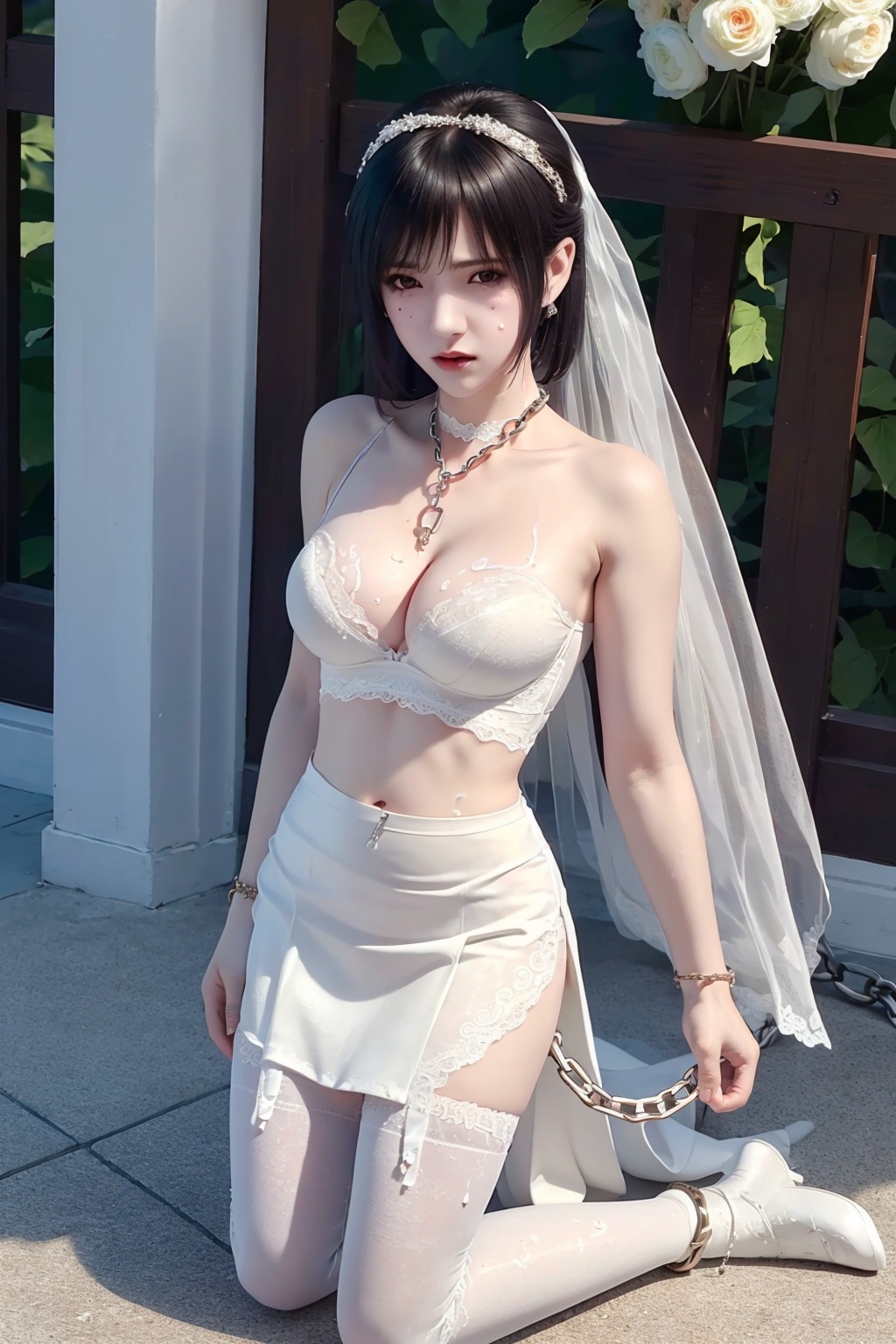 Masterpiece,high quality,beautiful wallpaper,16k,animation,illustration,front view,overlooking camera,perfect body,detailed face,delicate features,1girl,sexy,(the wedding:1.5),(a lot of people:1.5),(white gown),white condole belt bud silk stockings,(white lace underwear:1.5),(white silk veil),(too much semen:1.5),(shackles:1.3),(leather collar:1.3),(the chains holding neck:1.4),(lift skirt:1.5),(Kneeling on the ground :1.5),cameltoe,*****_juice,<lora:QILIN_20240413221153-000004:0.8>,