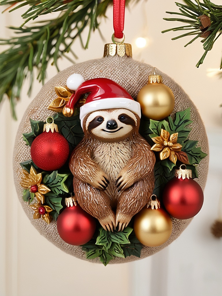 XmasBushy,A cozy Christmas scene featuring a charming sloth ornament,adorned with festive red and gold baubles.,<lora:Pony.CNDragonMB:0.7>,