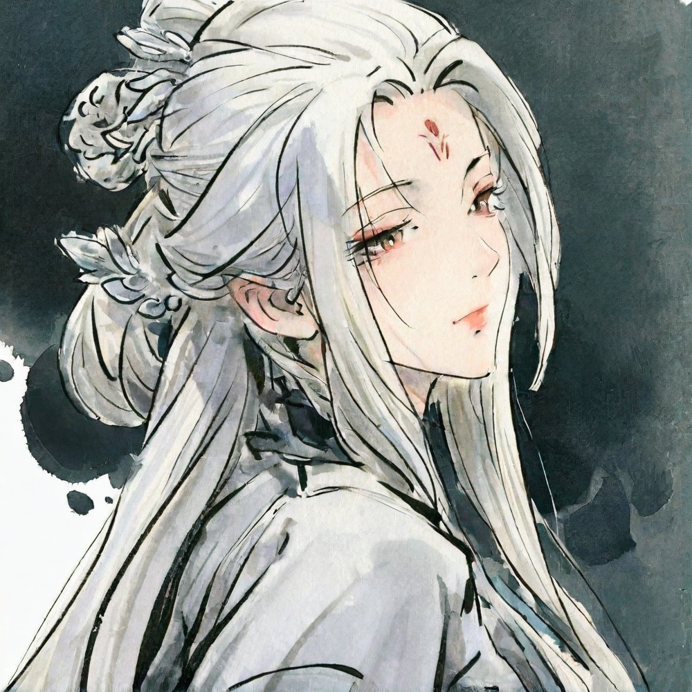 ((very awa)),solo,highly detailed,(best quality),((masterpiece)),1girl,upper_body,long hair,forehead mark,xiaobai,mature_female,<lora:小白nbXL:0.8>,white hair,chi,<lora:鸽正则nbXL:0.2>,ge,mature_female,<lora:chi正则100nbXL>,painting \(medium\),traditional media,