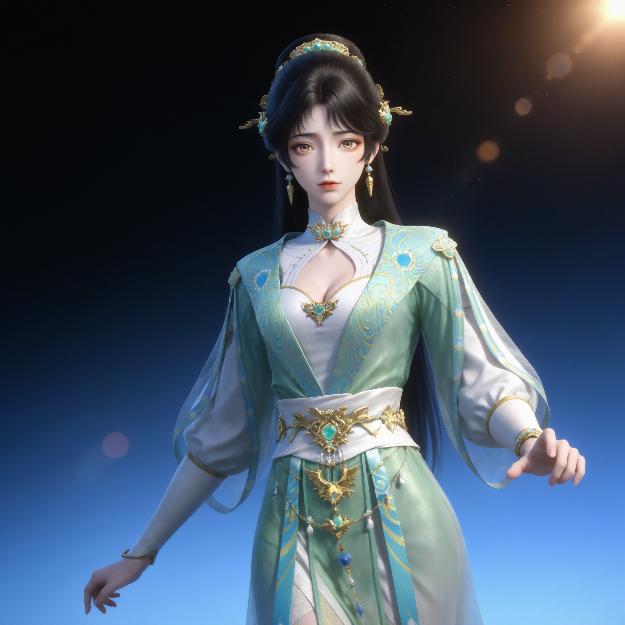 Nai3 style,realistic style photo,outstanding style,Use soft lighting to cast gentle shadows on the subject,adding a touch of dimension to your images without compromising details,whirls of vapor,(Anime:1.1),soft neon light,ethereal ambiance,delicate details,magical atmosphere,concept art,highly detailed,ultra-high resolution,32K UHD,sharp focus,best-quality,masterpiece,golden hour,unconventional supreme masterpiece,masterful details,temperate atmosphere,with a high-end texture,in the style of fashion photography,magazine style,Dynamic Angle,Dynamic posture,magazine style,Dynamic Angle,Dynamic posture,(cowboy_shot:1.2),eye trail,depth of field,cinematic lighting,lens flare,close-up,extreme aesthetic,(wlop:0.6),(honjou raita,lack,rella,wanke:0.5),masterpiece,best quality,good quality,newest,year 2025,very aesthetic,absurdres,Visual impact,A shot with tension,ultra-high resolution,32K UHD,sharp focus,best-quality,masterpiece,Emotionalization,unconventional supreme masterpiece,masterful details,temperate atmosphere,with a high-end texture,in the style of fashion photography,(Visual impact:1.2),giving the poster a dynamic and visually striking appearance, <lora:九阳武神-苏青洛IL:0.7> 1girl, black hair, long hair, hair ornament, jewelry, hair bun, green dress, long sleeves, cleavage cutout, sash, white footwear, chinese clothes, earrings, solo,upper body,looking at viewer,gradient background,gradient,blue background,black background,