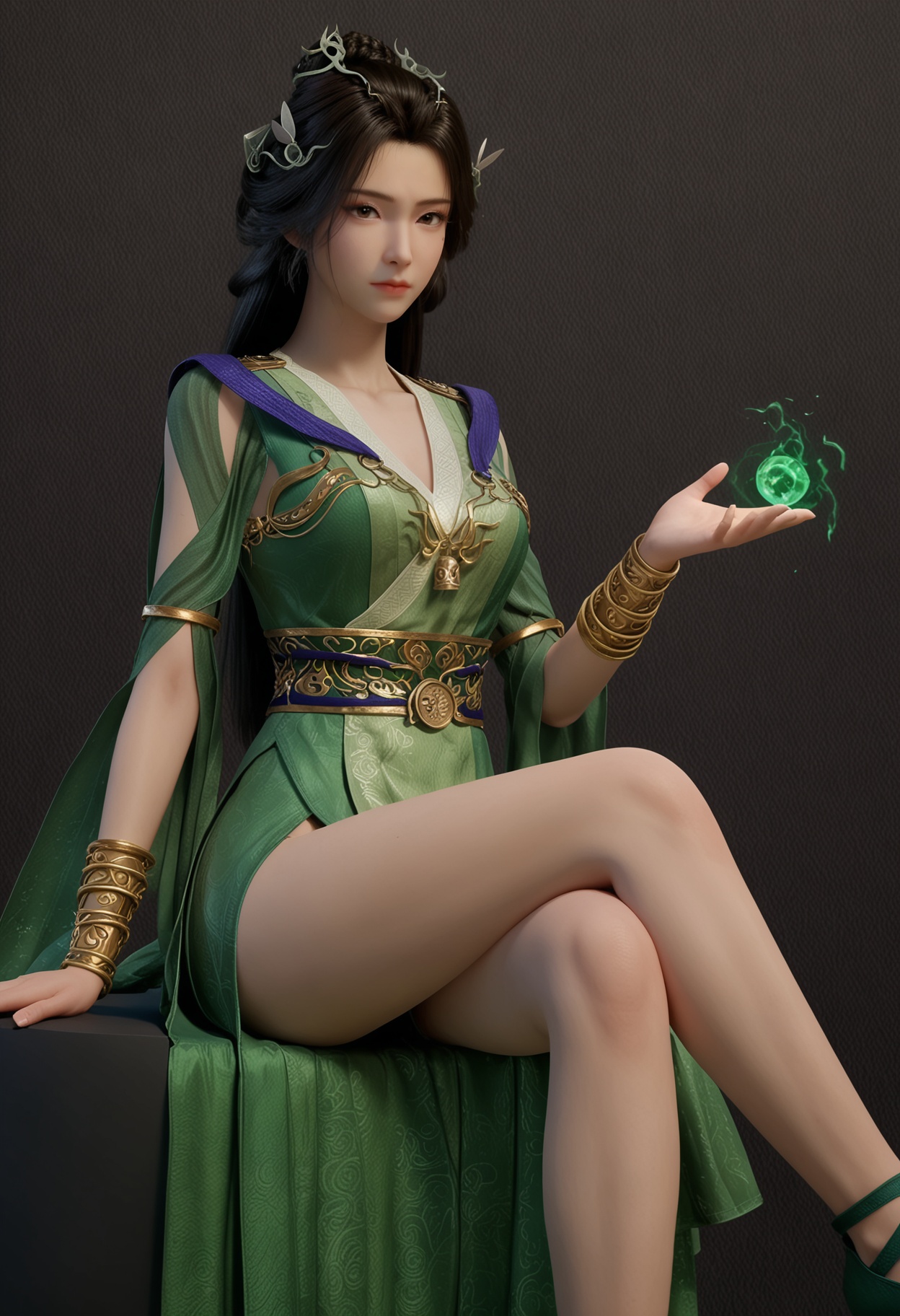 score_9,looking_at_viewer,(large breasts:0.8),hanyunzhi,1girl,solo,black hair,long hair,hair ornament,green dress,realistic,dress,closed mouth,jewelry,bracelet,chinese clothes,sash,brown eyes,hair bun,sitting,(crossed legs:1.3),(simple background,pure black background,black background:1.1),perfect_anatomy,<lora:QQSponyhanyunzhiV1:0.8>,