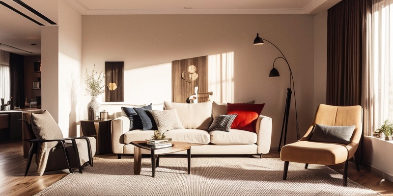 Modern Low Luxury Style,Realistic details,Indoor photography,day,indoors,english text,pillow,book,no humans,window,chair,table,sunlight,curtains,scenery,couch,wooden floor,lamp,cushion,carpet,