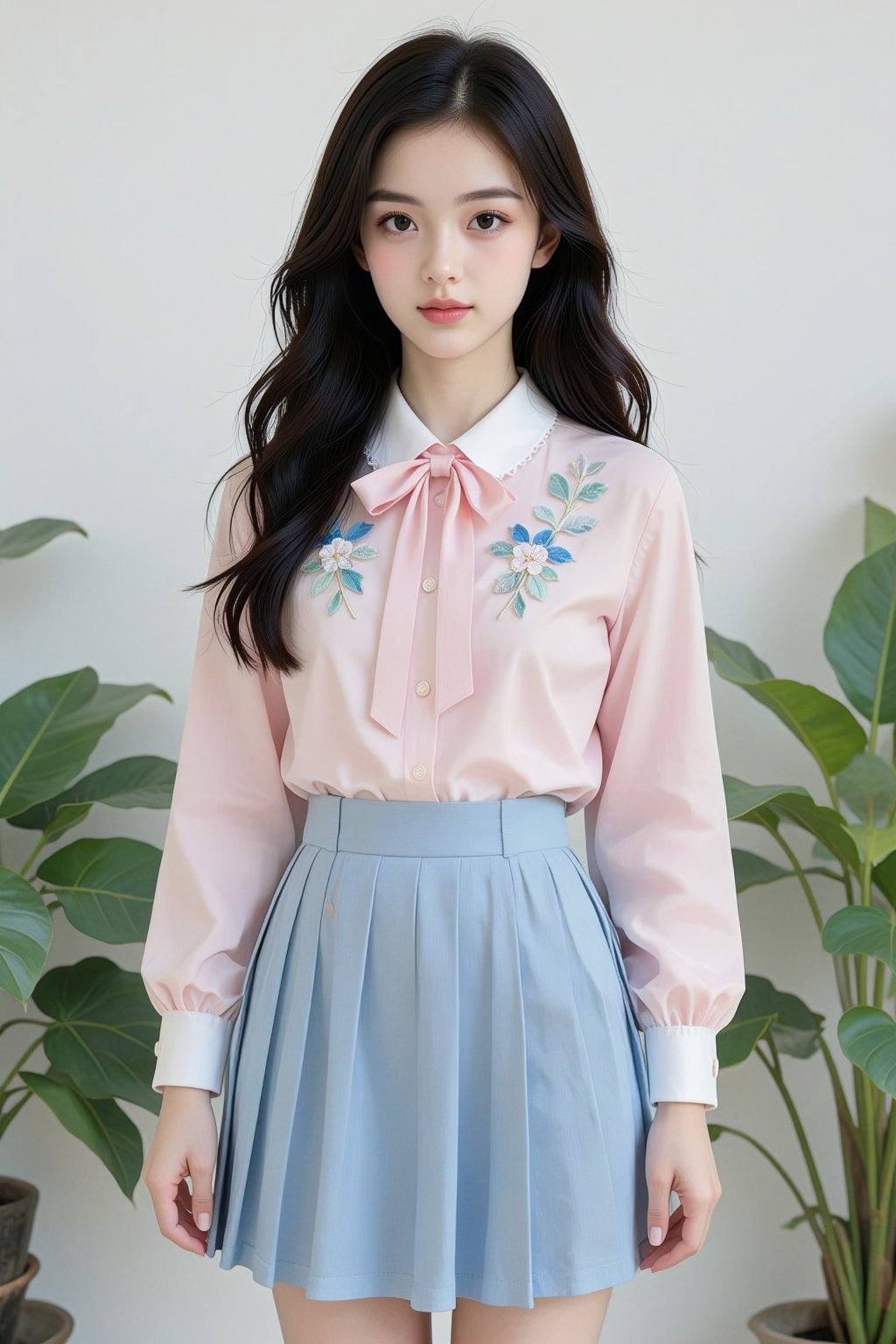 The image is a high-resolution photograph featuring a young Asian woman standing against a minimalist white background. Sh...