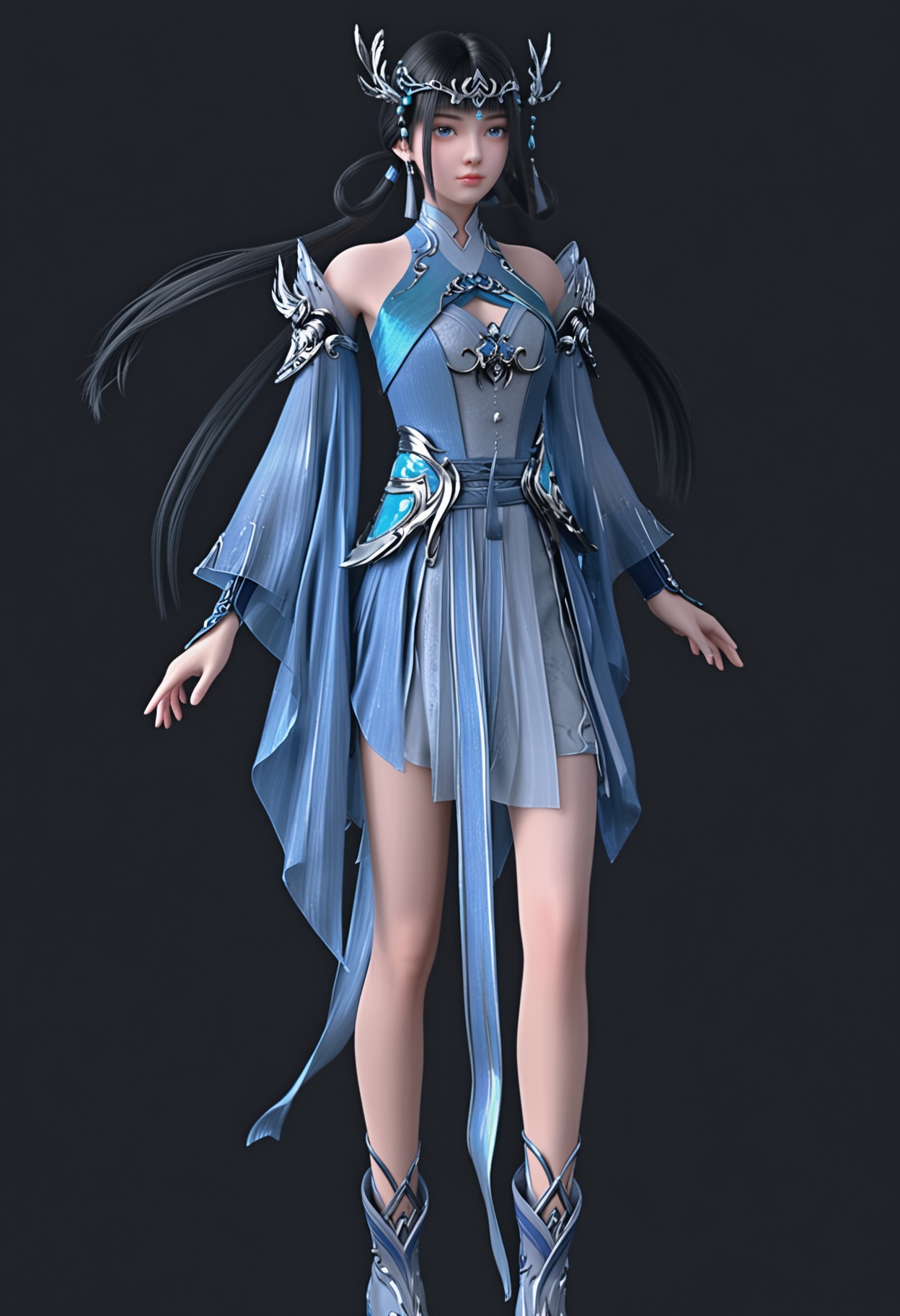 (looking_at_viewer:1.2),full body,standing,<lora:YQ_pony_jianyan_V4:0.8>,1girl,q1528437228,solo,black hair,long hair,hair ornament,chinese clothes,hair rings,blue eyes,twintails,jewelry,tiara,earrings,boots,circlet,low twintails,ponytail,blunt bangs,(simple background,pure black background,black background:1.1),perfect_anatomy,