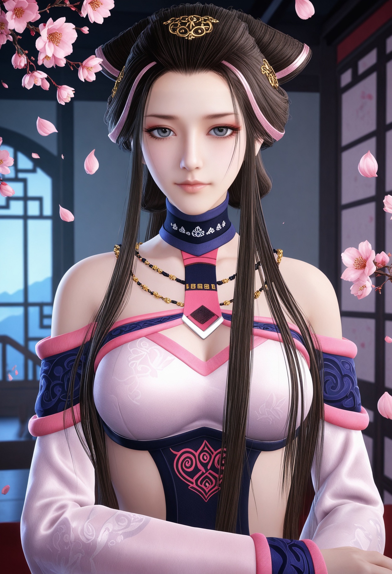 (upper_body:1.2),(looking at viewer:1.1),masterpiece,(best quality),smog,Dark room,dim lighting,peach blossom,falling petals,<lora:YQ_Illustrious光辉v5_湘夫人_V1:0.8>,q1528437228,1girl,solo,long hair,black hair,jewelry,bare shoulders,necklace,hair ornament,brown hair,dress,sidelocks,wide sleeves,long sleeves,choker,hair bun,brown eyes,detached sleeves,grey eyes,blue eyes,