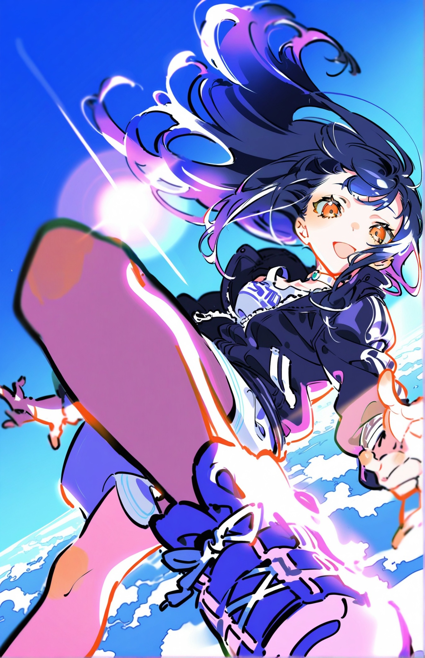 best quality,masterpiece,absurdres,newest,(dramatic angle,dynamic angle,dynamic pose:1.2),high-key lighting,volumetric lighting,light rays,hard lighting,(am314:1.1),(yoneyama mai:1.15),(rolua,niji psyp style,lifeline \(a384079959\), aspara:0.7),1girl, shiraishi an, project sekai, masterpiece, very aesthetic, absurdres, official art, sky runner jacket, solo, black and royal blue gradient hair, long hair, orange eyes, swept bangs, smiling, open mouth, looking at viewer, flying in the air, zero gravity, floating, falling, BREAK navy jacket, white dress, white choker, clothes writing, purple sneakers, beautiful blue sky, above clouds, sun light, day,
