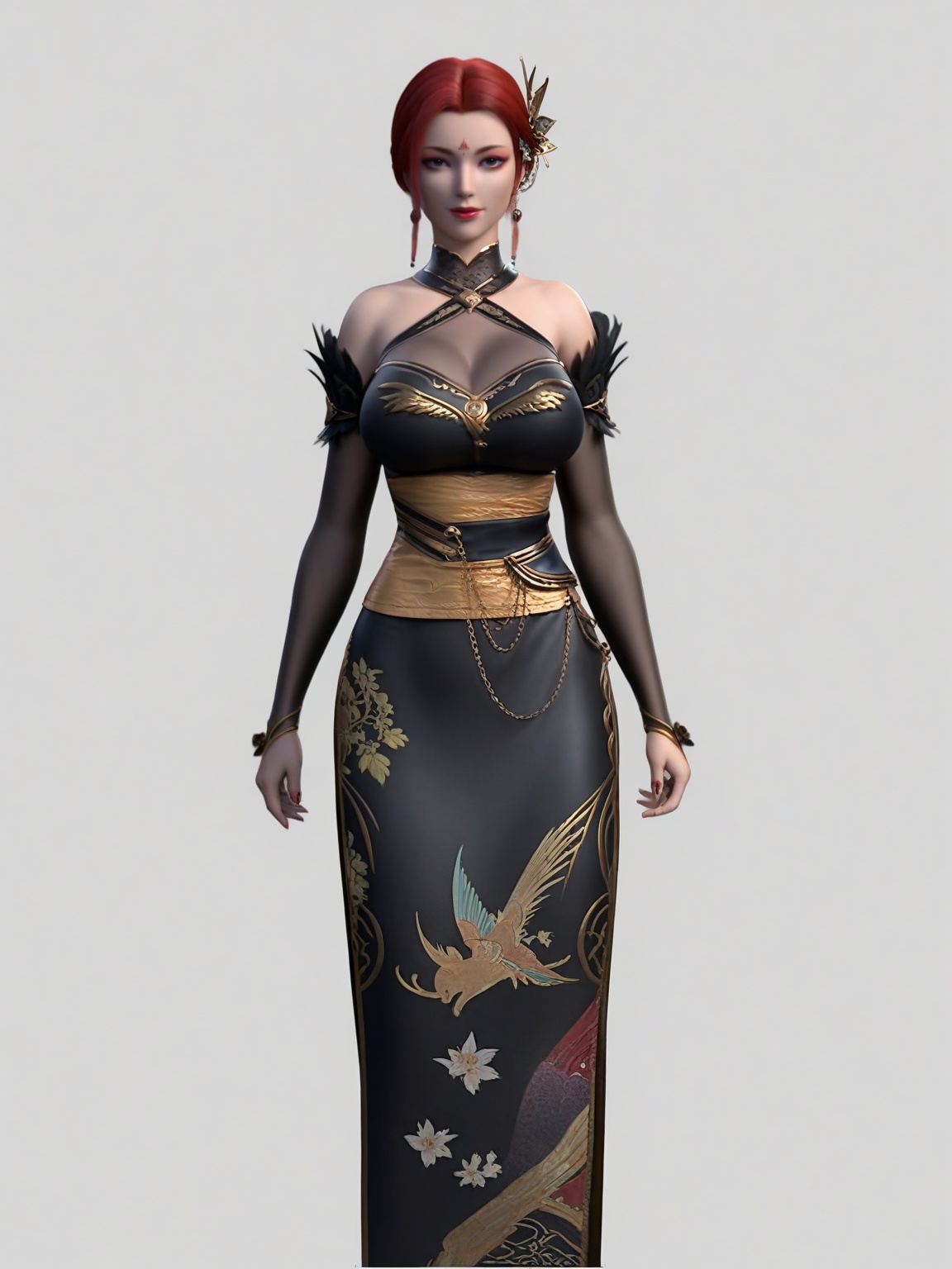 score_9,(perfect_anatomy:1.1)1girl,enchanting expression,looking at viewer,breasts,large breasts,solo,standing,hair ornament,black dress,eyeshadow,red hair,detached sleeves,looking at viewer,white background,simple background,<lora:SF_YaFei_Pony_Realism2.3-000003:0.7>,