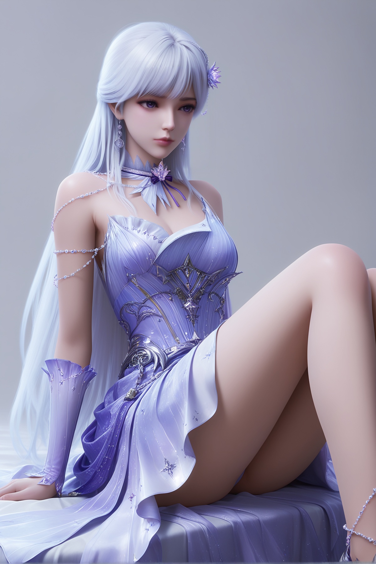 masterpiece,best quality,realistic,cinematic,detail eyes,(ultra-detailed),perfect composition,intricate details,absurdres,detailed face,high quality,high res,8K,<lora:X_shengcaier_x_IL3.0:0.8>,white hair,purple eyes,1girl,long hair,breast,medium breast,hair_ornament,dress,bare_legs,sitting,simple background,bed,