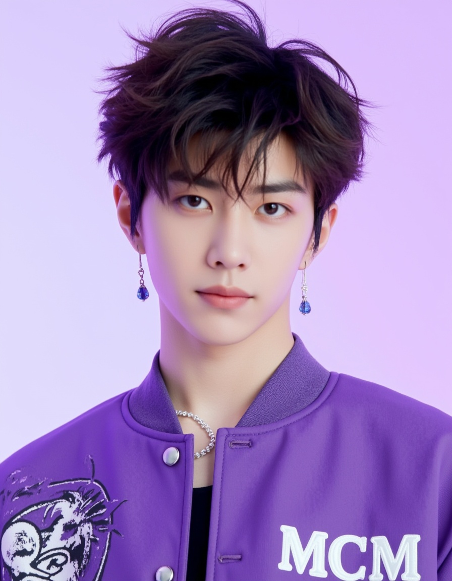 A digital CGI image featuring a young Asian male with a delicate, androgynous face, styled in a modern, edgy fashion. He has messy, tousled dark hair, light skin, and wears a purple varsity jacket with the "MCM" logo on the left chest, indicating a connection to the luxury fashion brand MCM. The jacket has silver buttons and is adorned with a black-and-white graphic print on the left sleeve. He accessorizes with silver drop earrings and a silver necklace with a blue pendant. The background is a soft, gradient light purple, emphasizing the subject's sharp, youthful appearance.