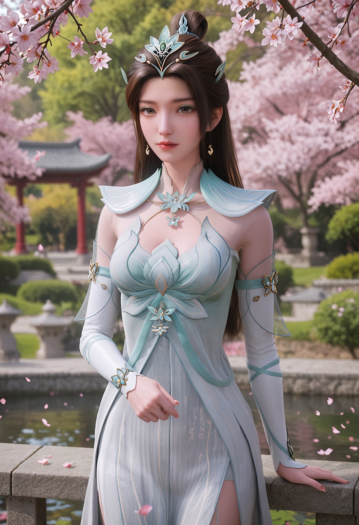 score_9,high detail,best quality,cinematic lighting,volumetric lighting,shiny skin,shiny,nsfw,1girl,solo,breasts,jewelry,earrings,brown hair,dress,long hair,hair ornament,closed mouth,hair bun,white dress,expressionless,eyeshadow,looking_at_viewer,solo focus,blurry background,depth of field,large_breasts,Tranquil garden pond surrounded by cherry blossoms,Vibrant cherry blossom park in full bloom,day,suneate,<lora:QQSponyyanruyuV1:0.8>,<lora:Pony_DetailV2.0:0.8>,<lora:皮肤凹痕:0.1>,