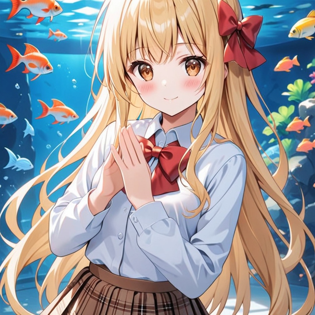 1girl,skirt,solo,long hair,shirt,aquarium,white shirt,looking at viewer,bow,brown skirt,fish,bowtie,bangs,red bow,long sleeves,pleated skirt,blush,collared shirt,plaid,plaid skirt,smile,red bowtie,blonde hair,closed mouth,school uniform,own hands together,cowboy shot,shirt tucked in,brown eyes,hands up,standing,underwater,very long hair,dress shirt,water,coral,