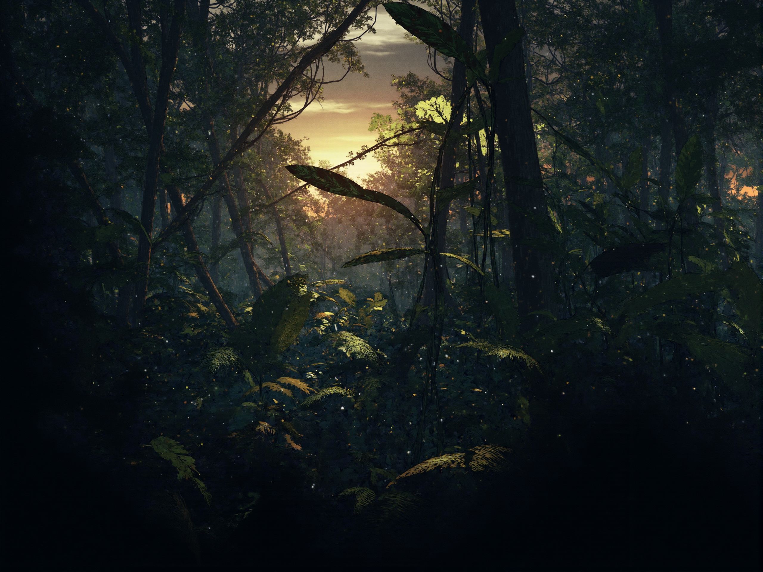 The image is a digital rendering of a dense, tropical jungle at dusk, with the sun setting and casting long shadows across the forest floor. The sounds of the jungle come alive as the nocturnal creatures begin their activities. The illustration captures the transition from day to night and the vibrant life of the jungle.<lora:S_BLACKGROUD_:1>