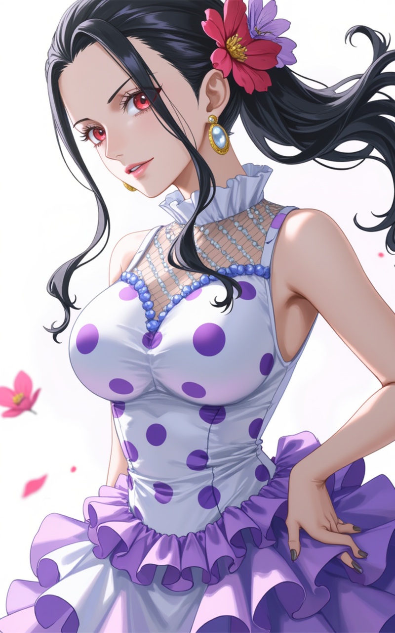 <lora:维奥拉特10:0.8>Viola one piece,Viola\(one piece\),black hair,red eyes,1girl,solo,dress,high heels,black hair,long hair,jewelry,earrings,breasts,polka dot,polka dot dress,(sidebood:1.2),(large breasts:1.2),flower,hair flower,hair slicked back,hair ornament,frills,hand on hip,frilled dress,long dress,close-up