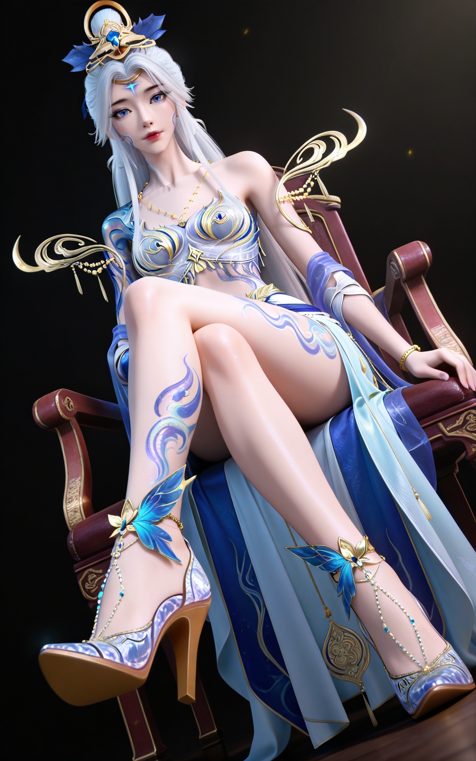 masterpiece,high quality,tall,game cg,highres,(soft light:1.2),(white_skin:0.6),(shiny_skin:0.6),(realistic:1.1),lvjing,<lora:莫仙·ILL:0.8>,bare shoulders,necklace,white hair,long hair,blue eyes,hair_bun,facial mark,forehead mark,collarbonea,hair_ornament,arm tattoo,moxian white and blue dress,leg tattoo,high_heels,1girl,solo,black_background,simple background,sitting,chair,from_below,crossed_legs,looking_at_viewer,dynamic_angle,dutch angle,