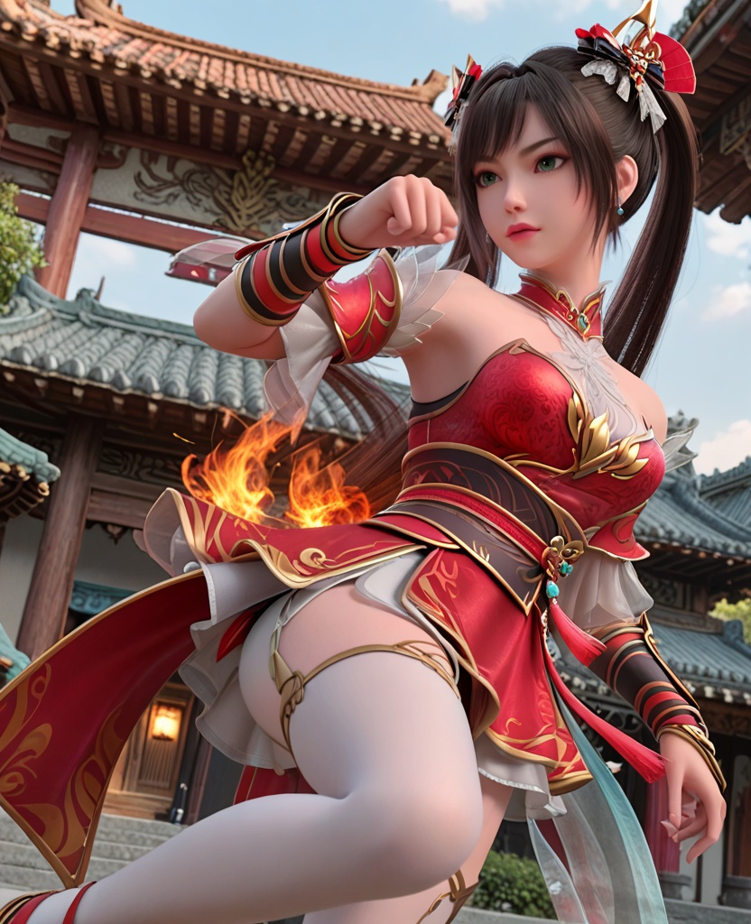 (oriental architecture, elegant decor, sophisticated style:1.1),(martial arts flying roundhouse kick:1.1),(breasts:1.2),<lora:XL神墓楚钰白丝:0.95>,miss chuyuhei,red minidress,green eyes,black hair,twintails,hair ornament,detached sleeves,bare shoulders,sash,detached collar,red fart curtain,bracer,jewelry,earrings,white thighhighs,, score_9,score_8_up,score_7_up,score_6_up,score_5_up,score_4_up,3d rendering,tag1,tag2, Cinematic Lighting,backlighting,