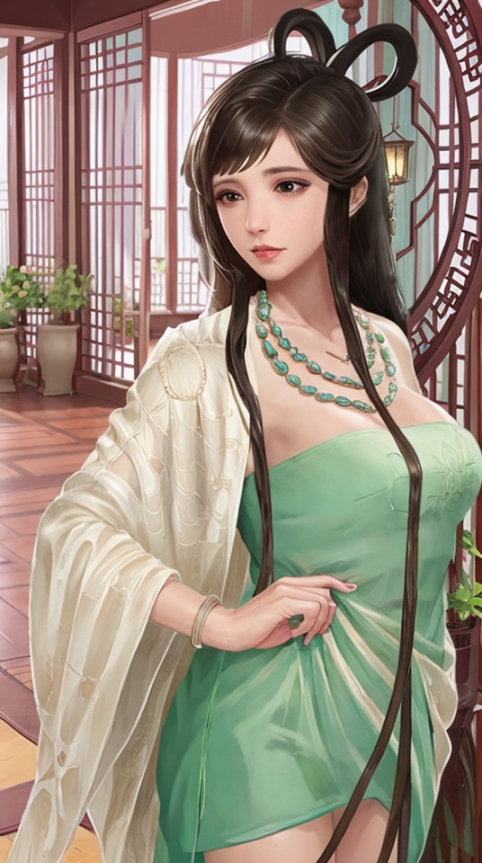 1girl,bead necklace,beads,breasts,brown eyes,building,cleavage,dress,east asian architecture,hair ornament,hair rings,hanfu,indoors,jewelry,kaku seiga,lips,long hair,looking at viewer,necklace,pagoda,pearl necklace,plant,potted plant,realistic,sliding doors,solo,upper body,,<lora:b659fab3216eb086e02912068f48d1f8605da6833737b0f768ec281ca8ab65ab:0.7>