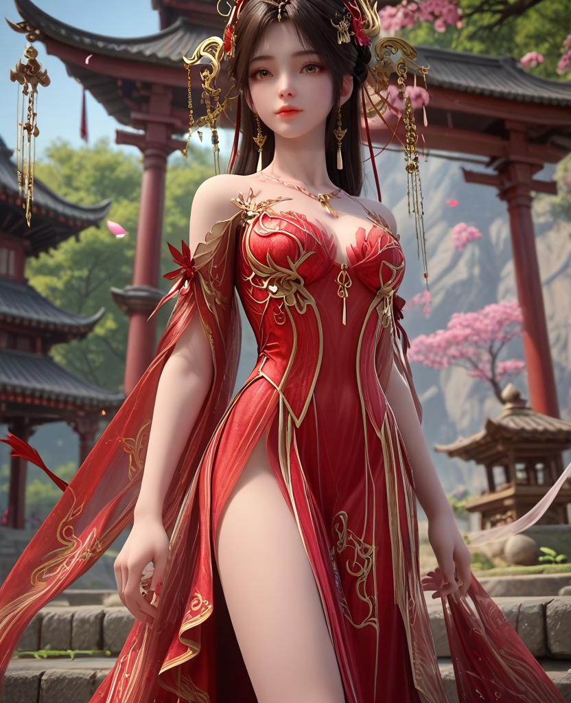 (oriental architecture, elegant decor, sophisticated style:1.1),Standing, one foot raised, balancing,,(breasts:1.2),<lora:XL16完美世界火灵儿婚服:0.95>,chinese bride,red corset gown,brown eyes,black hair,hair ornament,half-up crown braid with long cascading hair,jewelry,earrings,wide flowing sleeves,see-through,, zPDXL2, score_9, score_8_up, score_7_up BREAK realistic, masterpiece,best quality, highly detailed,, zPDXL3, zPDXL2,zPDXL, zPDXLxxx, zPDXLrl,