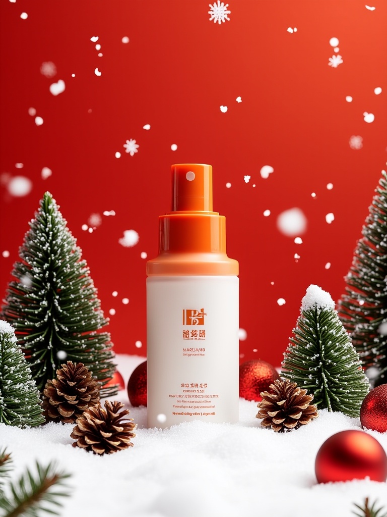 miluo_sdmz, Photograph of a skincare product bottle labeled "Dr. Jart+ Dermaclar Clearing Solution" in a snowy winter scene. The bottle is white with an orange pump and cap, placed centrally. Surrounding the bottle are small evergreen trees, pine cones, and ornaments, with a vibrant red background. Snowflakes are gently falling, enhancing the festive, wintry atmosphere. The overall color palette is warm with reds, whites, and oranges, evoking holiday cheer. The product label includes Chinese text. <lora:miluo丨圣诞场景丨光影通透-flux-1.4:1>