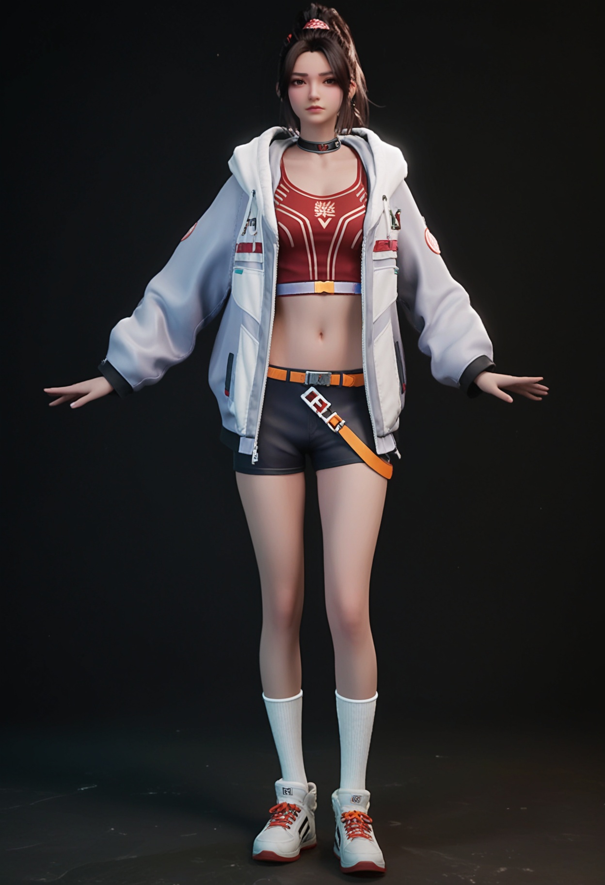 (standing full_body:1.1),score_9,score_8_up,masterpiece,(best quality),intricate details,facing viewer,(looking at viewer:1.1),<lora:YQ_pony_hongying_V4:0.8>,q1528437228,1girl,solo,ponytail,jacket,brown hair,hood,brown eyes,choker,black hair,long hair,hoodie,shorts,open clothes,collar,hood down,shoes,long sleeves,socks,sneakers,white jacket,white socks,shirt,crop top,hair ornament,white footwear,open jacket,belt,high ponytail,black shorts,red shirt,hooded jacket,short shorts,black choker,black eyes,denim,shoelaces,pants,ribbed socks,BREAK(score_9:1.2),(score_8_up:1.2),masterpiece,best quality,very aesthetic,perfect anatomy,(hourglass),perfect face,(simple background,pure black background,black background:1.1),fair_skin,(shiny_skin:1.1),Ivory_skin,