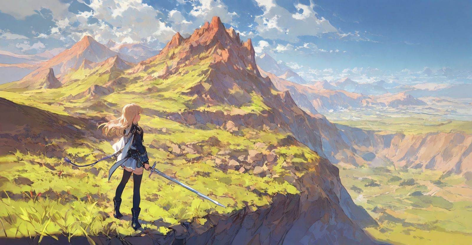 highres,extremely detailed 8k wallpaper,illustration,depth of field,great quality,masterpiece,best quality,amazing quality,very aesthetic,absurdres,Japanese fantasy style,artist:ciloranko BREAK<lora:Japanese fantasy style:0.8>, -1girl, outdoors, solo, mountain, day, sky, cloud, scenery, weapon, boots, long hair, grass, blue sky, blonde hair, holding, standing, skirt, black footwear, fantasy, mountainous horizon, holding weapon, cloudy sky, landscape, cliff, bangs, thighhighs, tree