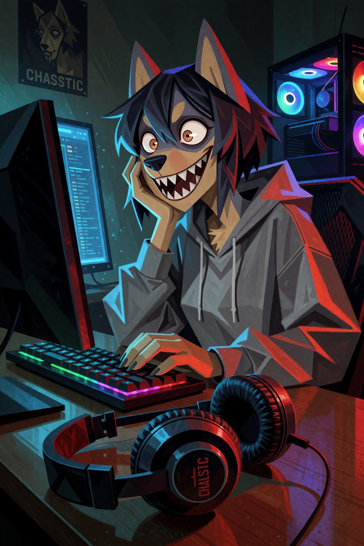 Abstract composition. Cubism art style,  Gumdong,  in casual home clothes sitting at a gaming computer at night. Her face...