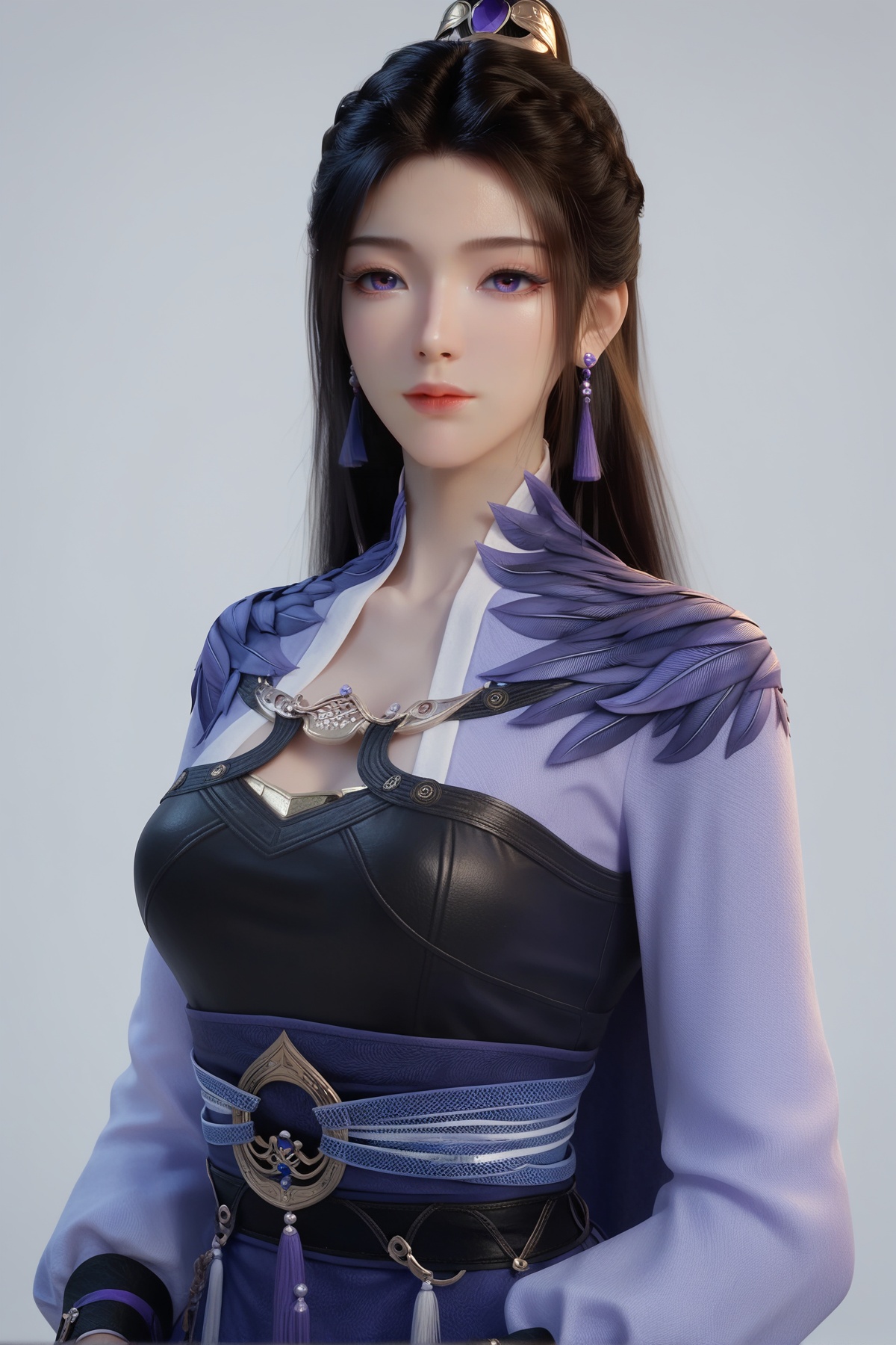 score_9,score_8_up,score_7_up,<lora:wy_ziling_xy_XL7.0:0.8>,1girl,long hair,breast,medium breast,earrings,hair_ornament,dress,black hair,purple eyes,simple background,white_background,chinese_clothes,