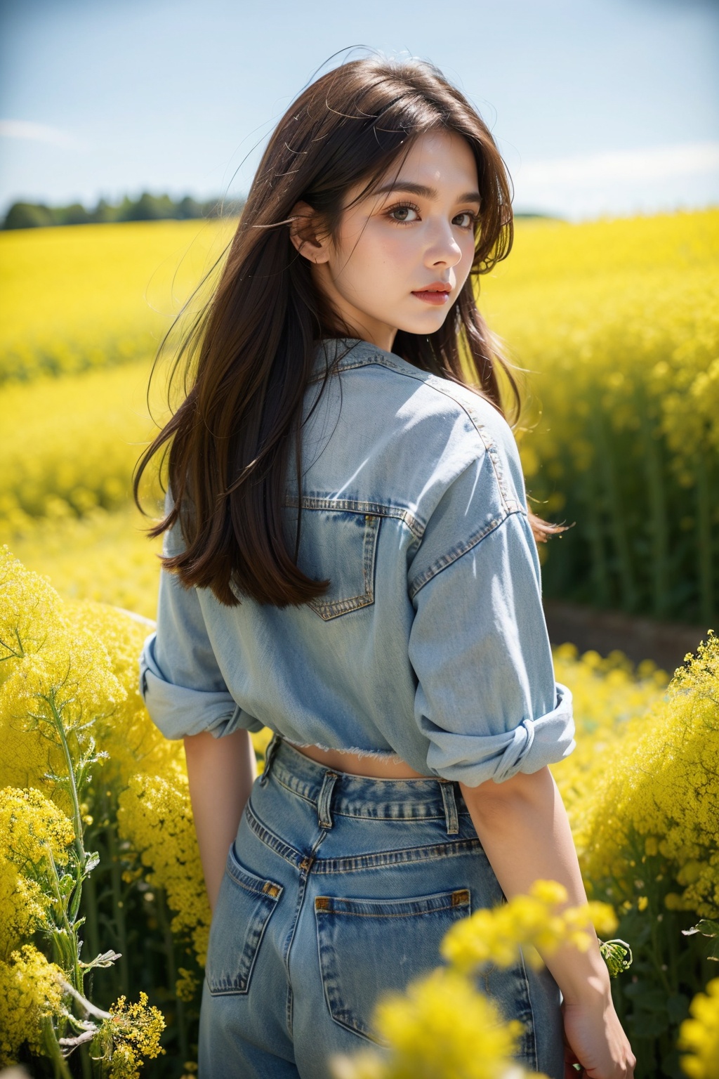 Girl, wearing denim clothing (looking towards the camera: 1.2), rapeseed fields, real photos, masterpieces, high-quality images,<lora:YOUCAIHUA_20240324204540-000004:0.7>,