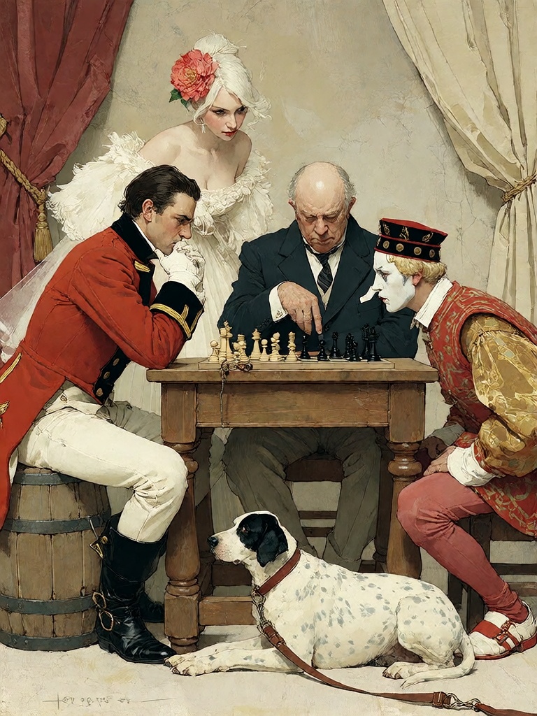 Bradhamel art style. A richly detailed painting of four individuals gathered around a wooden chessboard in an intimate,  w...