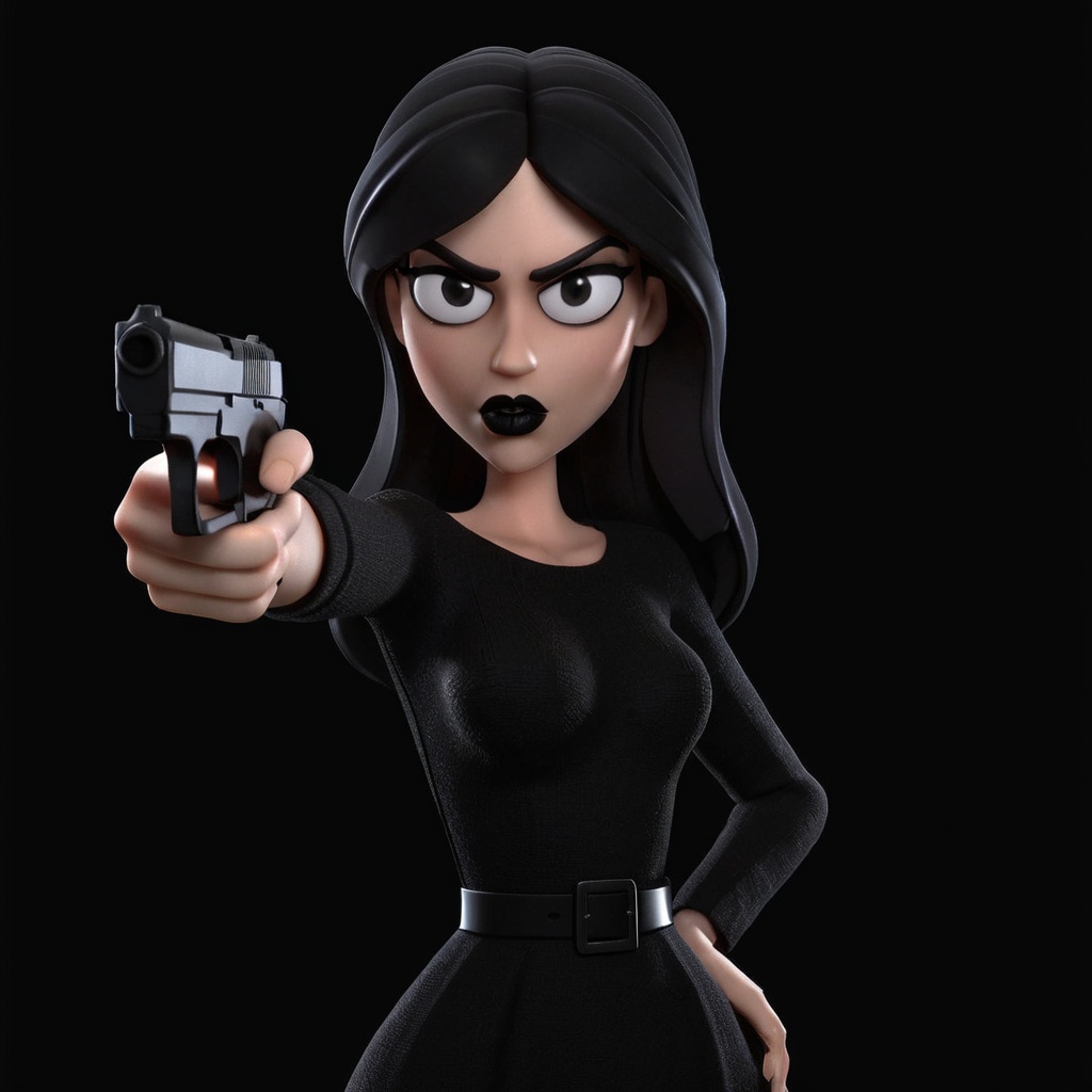3d,  3d render,  woman in black dress pointing a gun at camera on Tensor.Art
