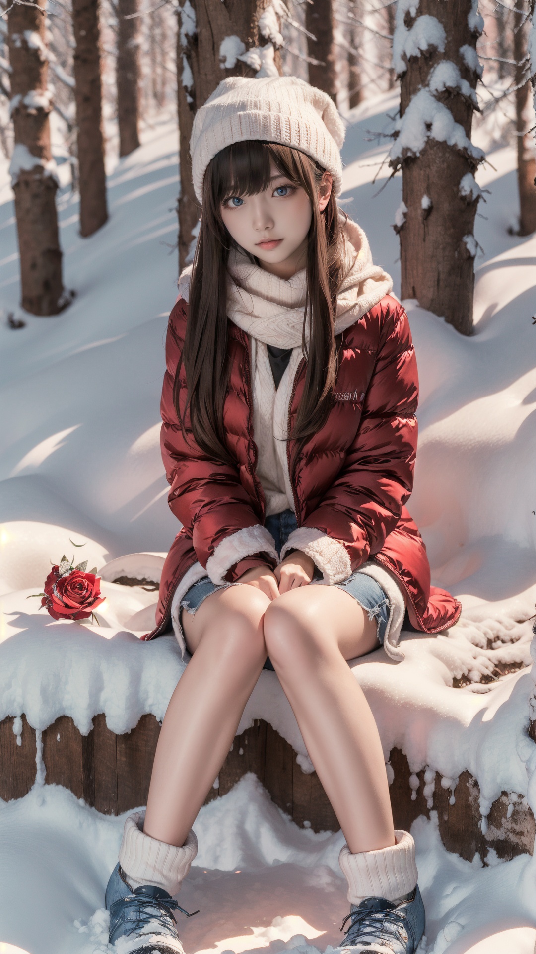 long hair,bangs,high-resolution image,natural light,Asian ethnicity,young woman,masterpiece,best quality,winter,snow field,blue eyes,blunt bangs,brown hair,fruit,full body,hat,looking at viewer,red flower,red rose,rose,sitting,solo,sky,sun,mountain,forest,lake,