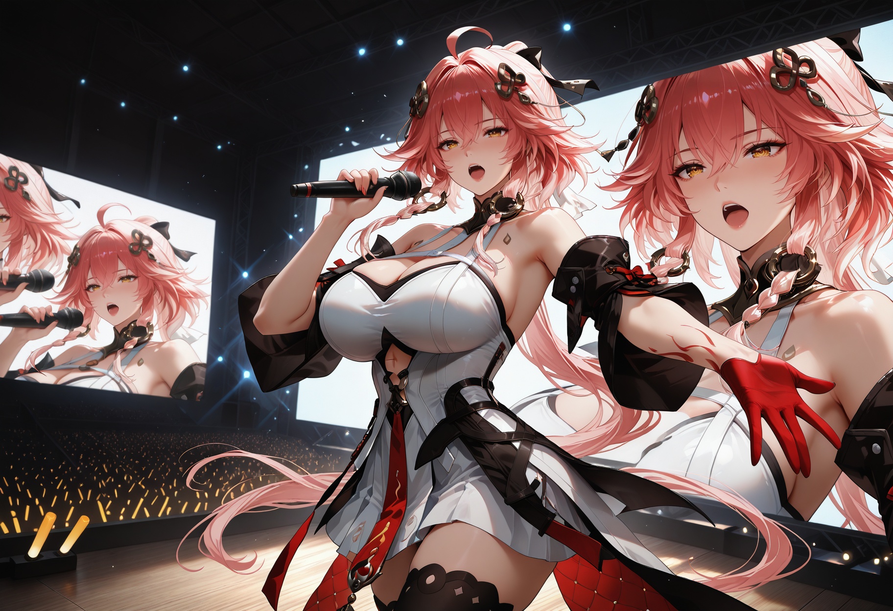 <lora:长离长离:1>,changli,1 woman,yujie,long hair,bangs,hair ornament,thighhighs,gloves,dress,hair between eyes,yellow eyes,pink hair,ahoge,red hair,black thighhighs,white dress,gauntlets,red gloves,single glove,single gauntlet,masterpiece,highest quality,huge breasts,microphone,handheld,handheld microphone,headphones,see-through,standing,concert,stage,singing,glowstick,crowd,scr.e,huge display screen,upper_body,