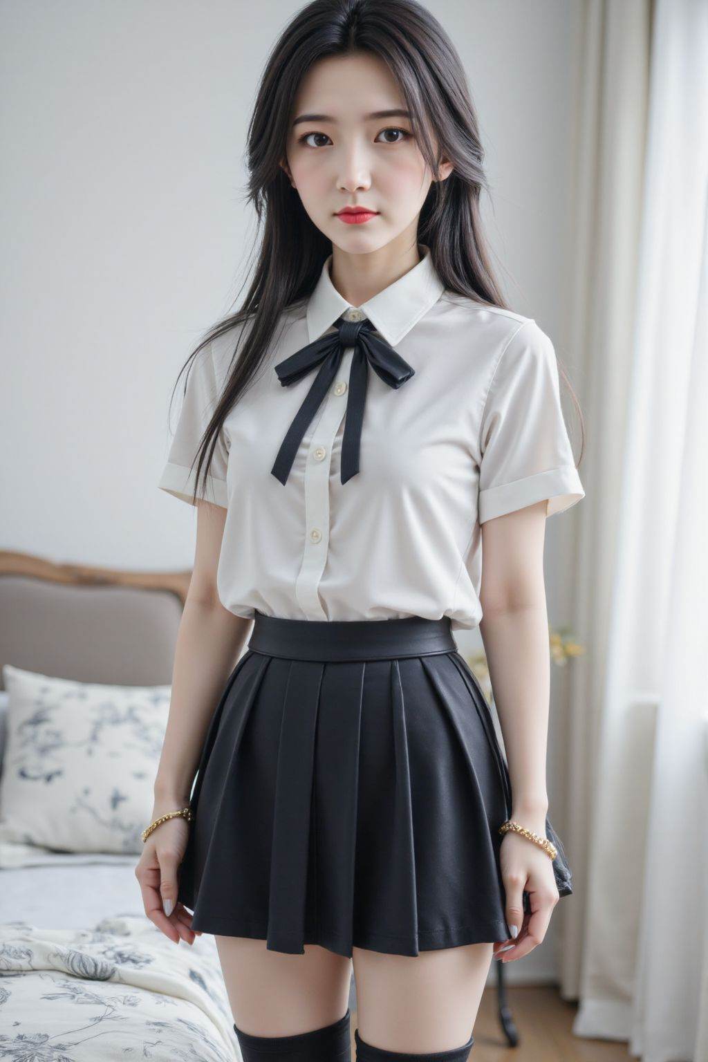 A young Asian woman is standing and facing the viewer, slightly off-center to the left in a medium shot. She appears to be in her early twenties. She wears a white, short-sleeved collared shirt with a black bow tie, a black pleated mini-skirt, and black over-the-knee socks. A gold bracelet is visible on her left wrist. She has long, straight black hair with bangs, fair skin, and red lipstick. Her facial expression is neutral. The background is a plain white wall and a portion of a bed with patterned linens on the left side. The lighting appears to be natural, creating soft shadows. The overall composition is clean and simple. The style is somewhat suggestive, with emphasis on the woman's figure and clothing. <lora:20251026_TinFlux1_5_Epoch10:1>