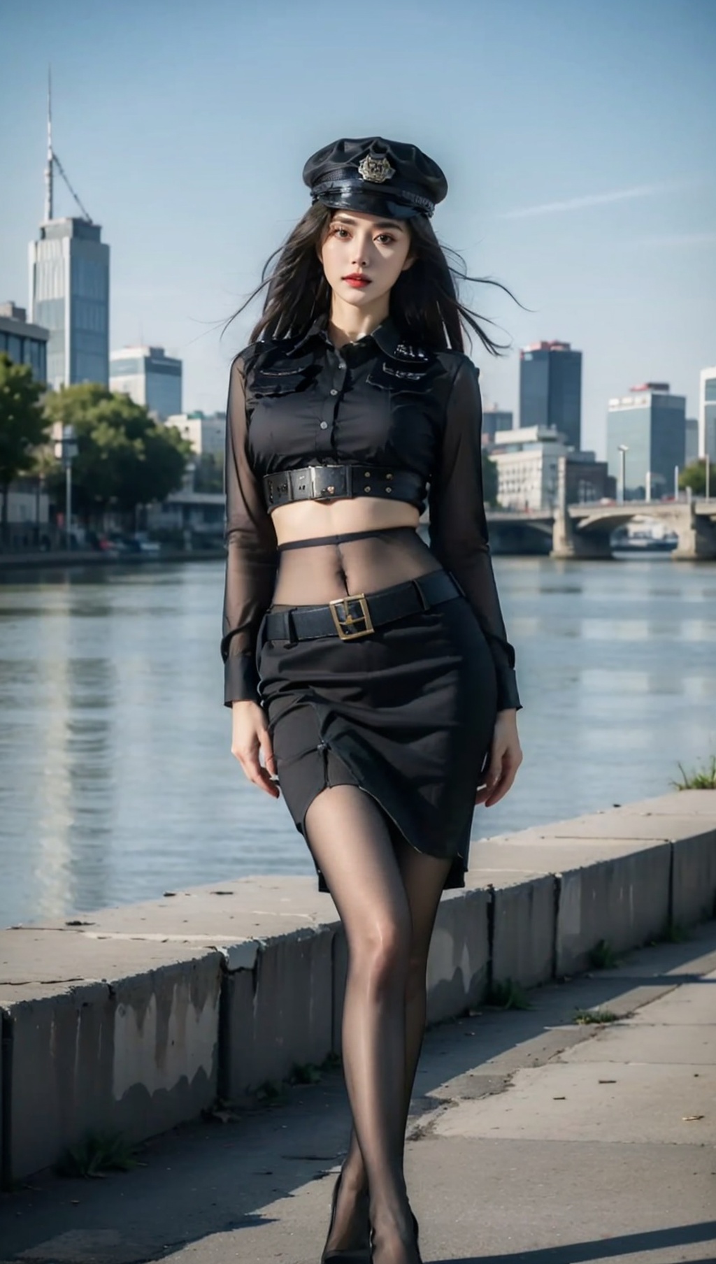 ((masterpiece)),best quality,perfect anatomy,8K wallpaper,mWaistSilk,pantyhose,crop top,1girl,police_uniform,police hat,pencil skirt,short skirt,belt,long hair,dynamic poses,riverbank,<lora:mWaistStockings:0.7>,