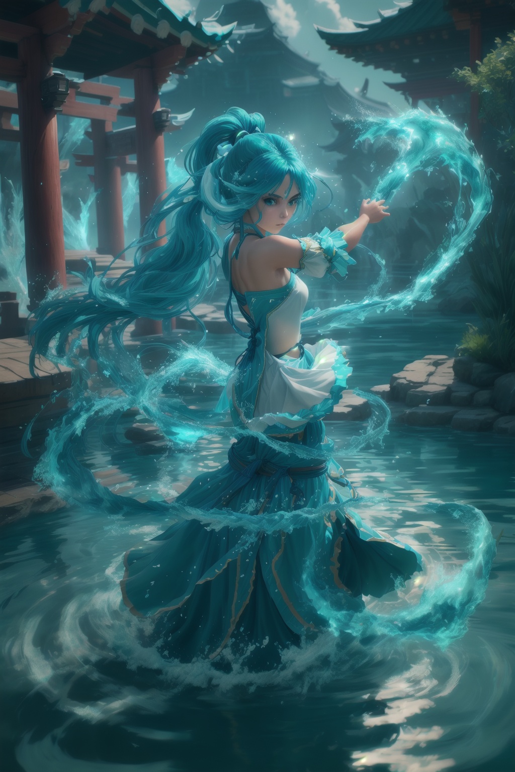 fighting stance,dancing,ancient-costume,cyan-aura,using cyan-water-magic,cyan-water-magic,using cyan-magic,cyan-magic,1girl,solo,long hair,blue eyes,<lora:magic_fighting_cyan_512_15:0.8>,