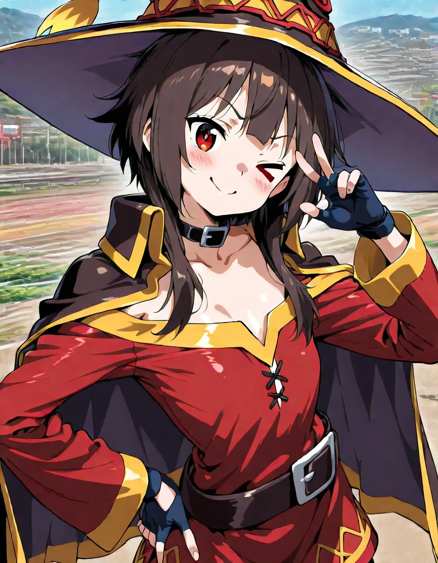 score 9,score 8 up,score 7 up,1girl,megumin,red eyes,short hair with long locks,brown hair,red dress,black choker,fingerless gloves,belt,black gloves,collar,cape,witch hat,dynamic pose,shaka sign,hand on own hip,upper body,looking at viewer,smile,one eye closed,\> o,colorful,shiny skin,shaft look,head tilt,dynamic pose,photo background,masterpiece,best quality,absurdres,newest,very aesthetic,amazing quality,highres,sensitive,highres,ultra detailed,best anatomy,HDR,8K,high detail RAW color art,high contrast,large pupil,