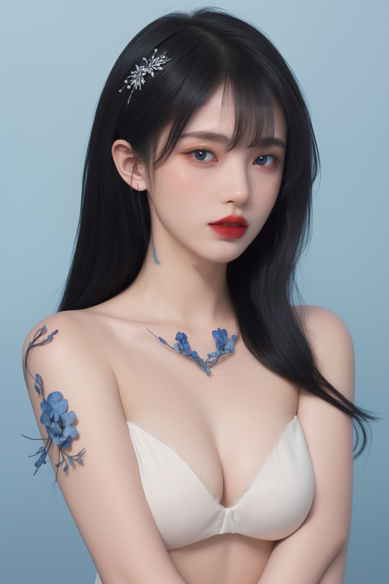 1girl, arm tattoo, bangs, bare shoulders, blue background, blue eyes, blue hair, body writing, breasts, facepaint, facial mark, facial tattoo, gradient, gradient background, hair ornament, heart tattoo, lips, lipstick, long hair, makeup, medium breasts, number tattoo, parted lips, red lips, shoulder tattoo, sleeveless, solo, tattoo, upper body ,huge breast<lora:绘画美女1.0:0.8>