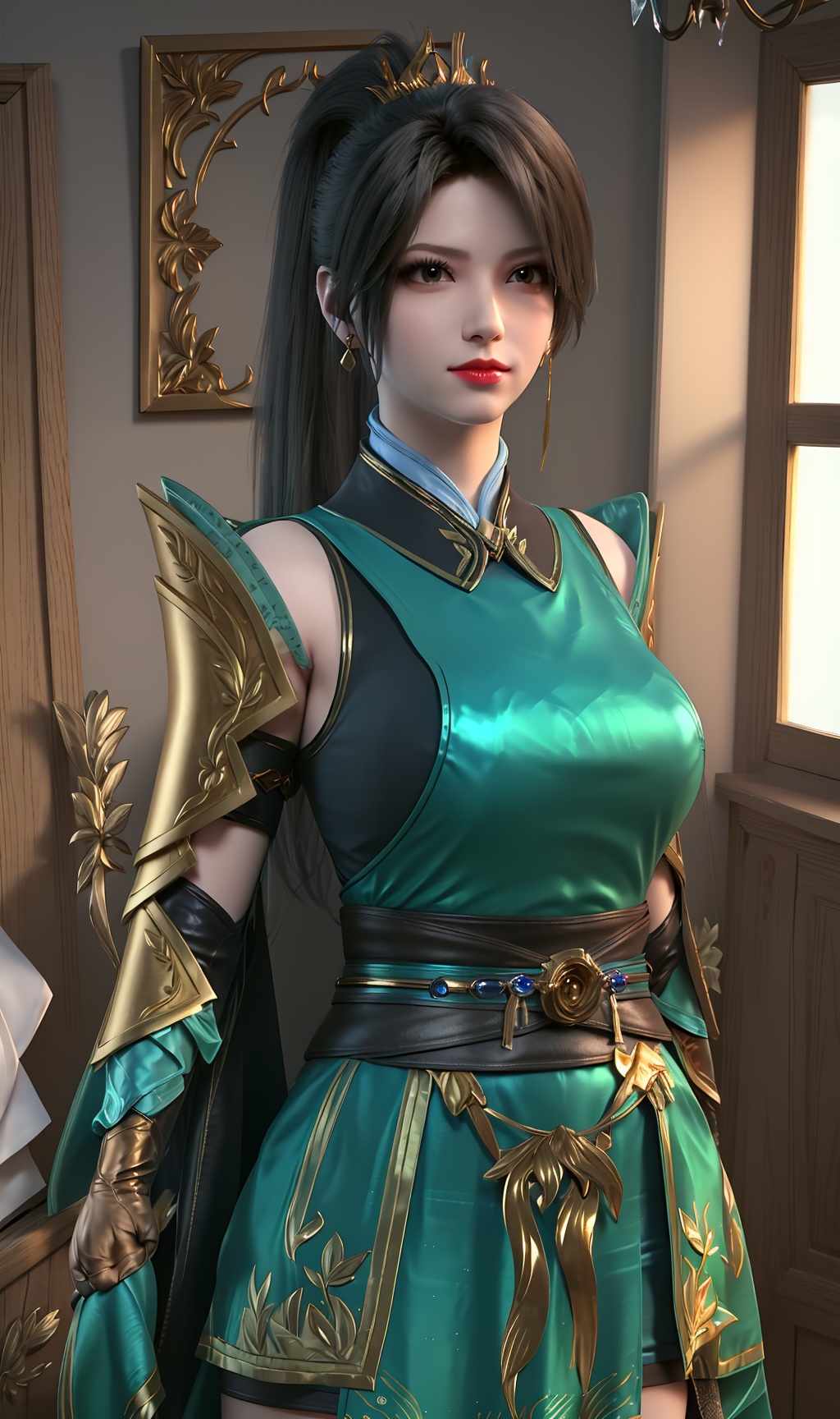 3D,masterpiece,(best quality),(makeup),official art, extremely detailed cg 8k wallpaper,((crystalstexture skin)), (extremely delicate and beautiful),(highly detailed),(face),(ponytail),(tiara),(gold_trim),(collar),(1girl), (solo), (jewelry), (earrings),(black_hair),(long_hair),(hair_ornament),(handwear),(wristband),(breast),(gloves),(standing),((upper_body)),(dress),(long_skirt),(shorts_under_skirt),(chinese_clothes),(multicolored_clothes),(multicolored_dress),(thighhighs),(shiny_clothes),(arm_guards),(long_legs),(sash),(armored_dress),(capelet),(closed_mouth),(outroom,bed),((looking_at_viewer)),((Facing the camera)),, <lora:hipoly3DModelLora_v10:0.3> 