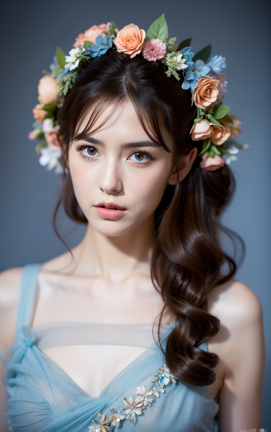 a woman with a flower crown on her head and a blue dress on her body,posing for a photo,1girl,solo,pointy ears,brown hair,flower,lips,blue eyes,long hair,realistic,watermark,hair ornament,nose,web address,upper body,hair flower,artist name,,
