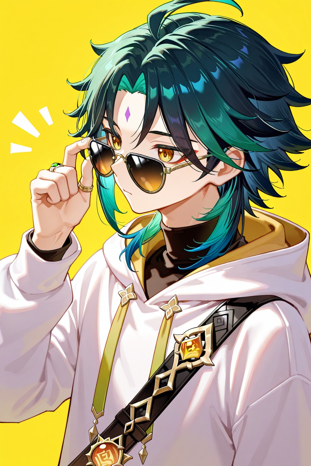 1boy,solo,male focus,upper body,yellow eyes,adjusting eyewear,multicolored hair,black hair,green hair,ahoge,sunglasses,hoodie,white hoodie,alternate costume,hood,long sleeves,jewelry,hood down,turtleneck,vision (genshin impact),ring,facial mark,forehead mark,