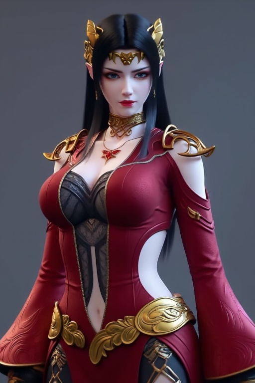 ty,meidusha,1girl,solo,black hair,long hair,navel,pointy ears,breasts,jewelry,necklace,hair ornament,blue eyes,fullbody,skirt,groin,cleavage,collarbonea,huge breasts,